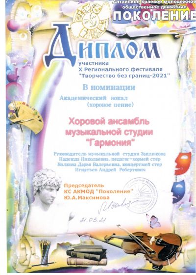Достижения музыкальной студии Гармония - 2020-2021 учебный год